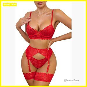 Sheer Lace Underwire Push Up Garter Lingerie Set with Bow Feather Trim